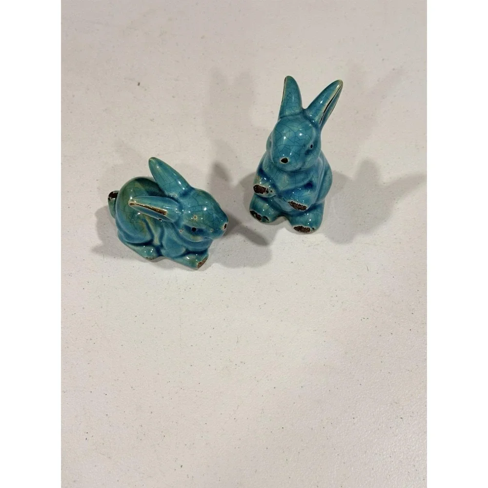 Turquoise Crackle Glaze Rabbit Figurines (2) Distressed Vintage Style